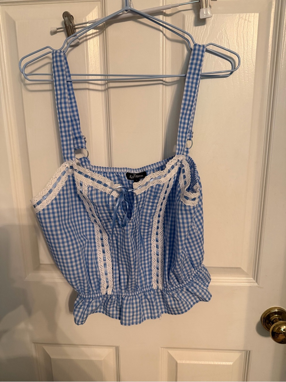 Self Esteem Blue&White Gingham Lace-Trim Cami Crop, Large. NWOT